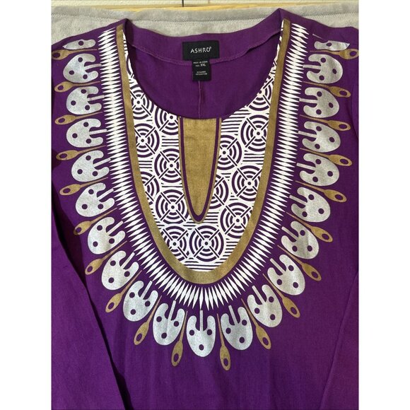 Ashro Women’s XXL Linen Blend Dashiki Tunic Dress Purple Ethnic African Print - Picture 6 of 11